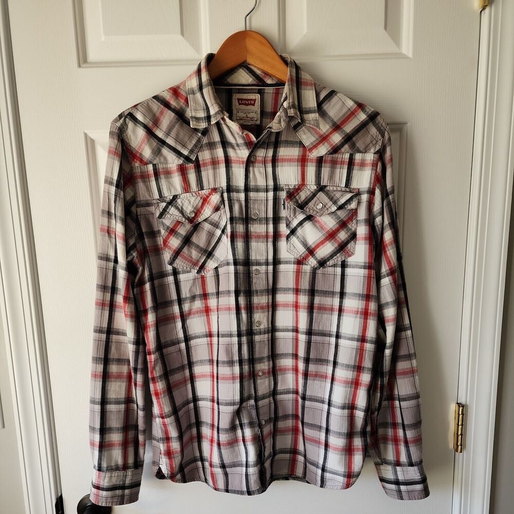 Levi’s Red Black White Plaid Flannel Pearl Snap Western Shirt Small